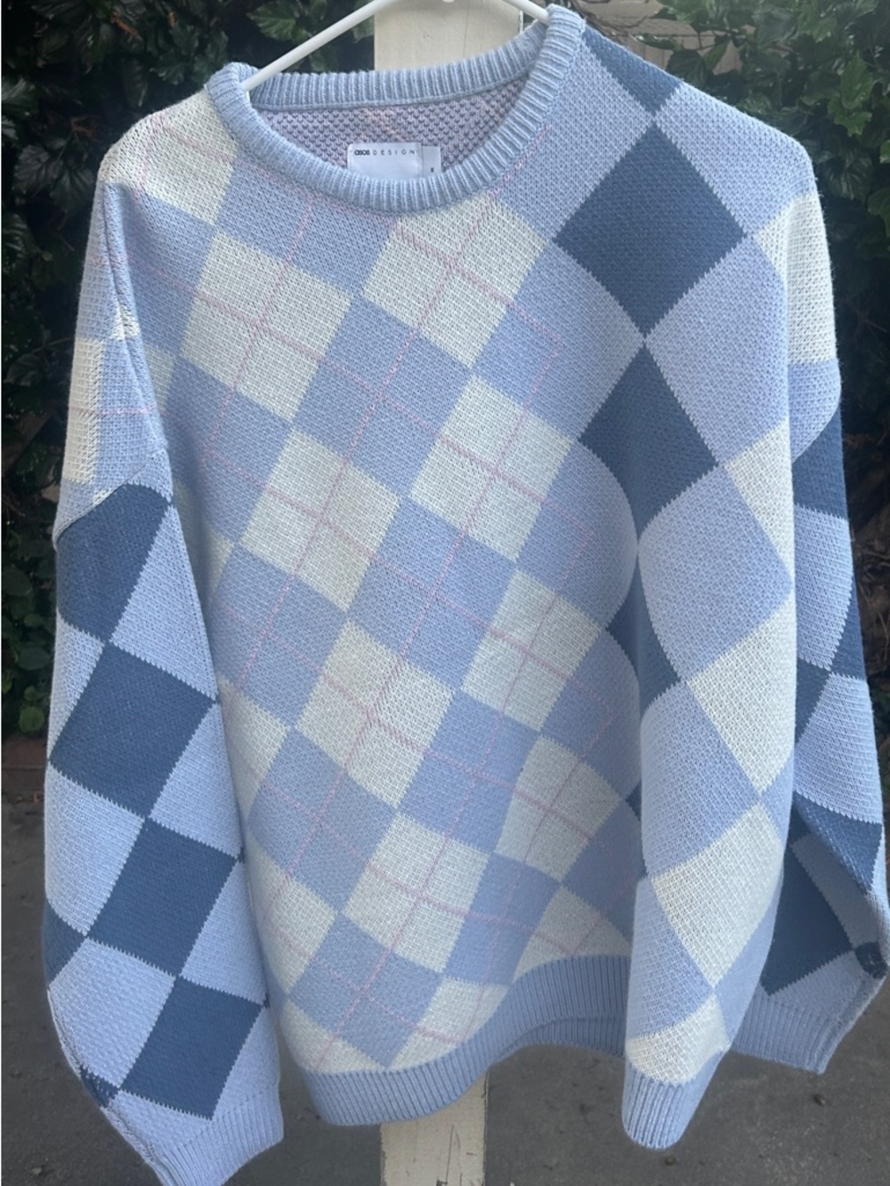 ASOS Light Blue, White and Pink Argyle Crewneck Sweater